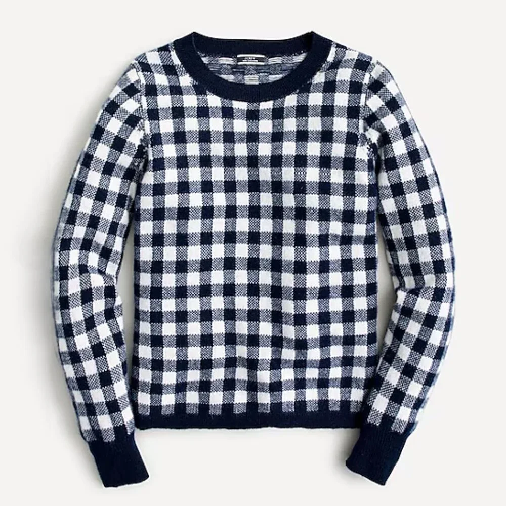 J. Crew Navy Cashmere Gingham Sweater ASO Wednesday Addams